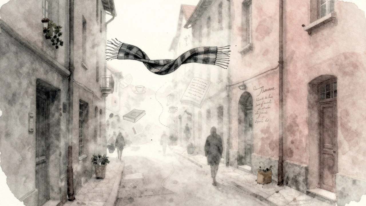 A drifting scarf above alleyways, symbolizing unseen companionship and quiet moments in Grenoble&#039;s night.